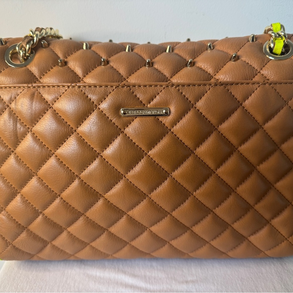 Rebecca Minkoff Quilted Tan Shoulder Bag with Neon Yellow Trim - Picture 6 of 9
